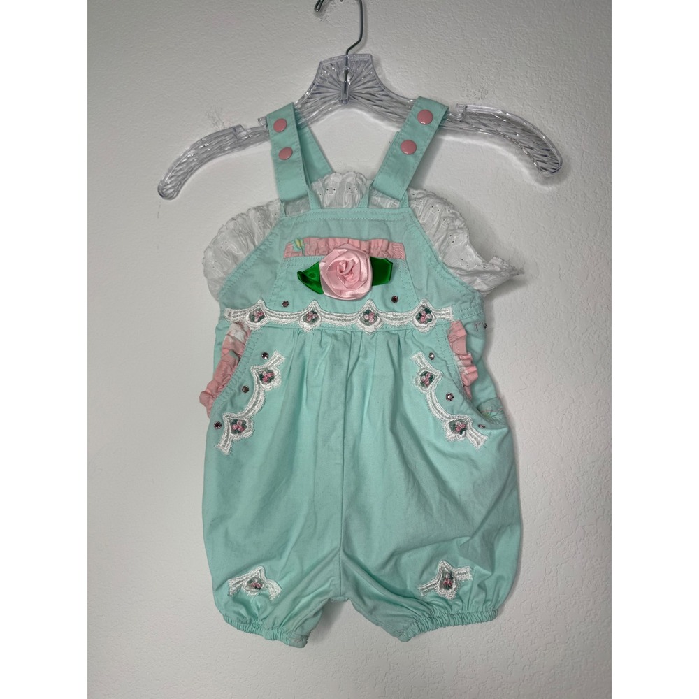Vintage Marsha Girls Mint Green‎ Pink Rose Eyelet Lace Embroidered Overalls 3T